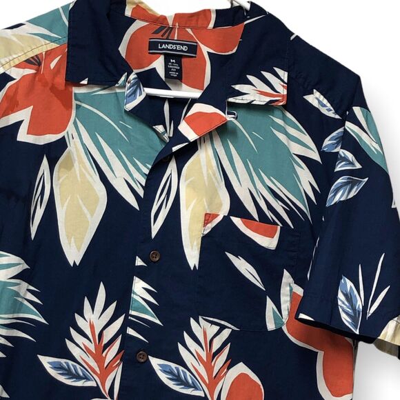 Lands’ End Hawaiian‎ Shirt Medium Navy Blue Floral Print Short Sleeve Casual - Picture 3 of 8